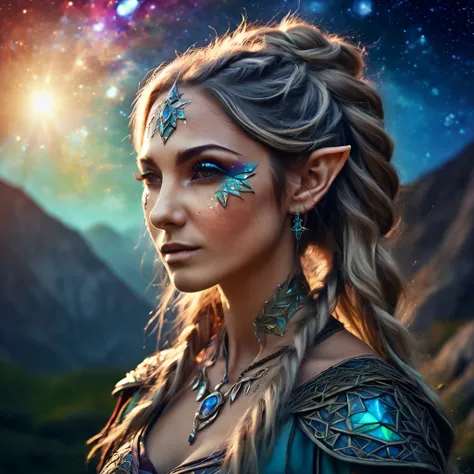 Marija. elf portraits, fantasy art, detailed features, vibrant colors, magical lighting, three side view, 1 side potrait,2 side close, 3 side in the batlle, photo collage) film grain, detailed pores and wrinkles on the skin film grain, detailed pores and w...