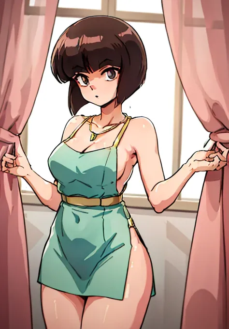 tendounabiki, medium_breasts, standing, solo, red_sleeveless_dress_neckline_plunging_curtain_pelvic_backless_outfit_gold_belt_gold_necklace, masterpiece, best quality, detailed face, detailed eyes, high resolution,