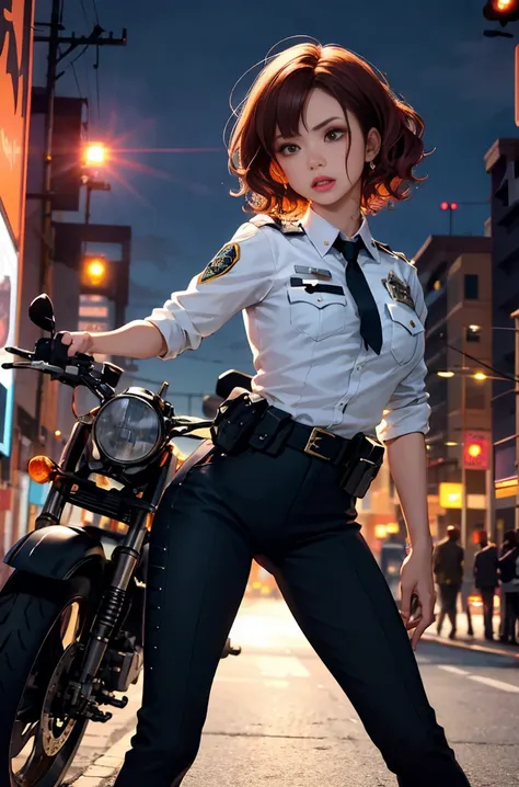 1 live action girl, female police officer, delicate and beautiful face, red face, short curly hair, spread of hair, hair strip dyeing，goggles, anger, parted lips, chest with tattoo, convex buttocks, White striped shirt,Flickering in the chest, With police ...