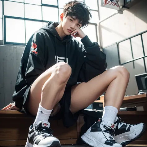 1 Korean Youth，male，20 years old，High，Height 180 cm，Hair of medium length，Black sweatshirt，Black cargo pants and white high-top sneakers，White sport socks，Sit on the basketball court，pair，将你的pair手放在你的 Legadass 动漫 4k 之间 ，POV perspective，proudly，cold，looking...