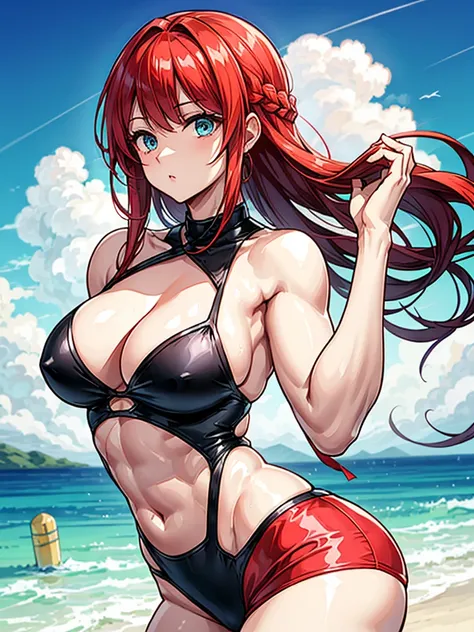 （（（masterpiece、Highest image quality、highest quality、highly detailed unity 8ｋwallpaper）））、（（Illustration of one girl））、（（（beautiful girl）））、（（red hair、Braid、sidelocks：1.4、blue eyes））、（（（stocky build：1.5, thickset physique：1.6, muscular legs, broad shoulder...