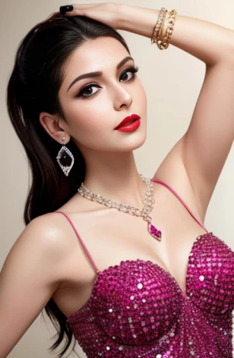 Lebanese woman, diamond dangling earrings, necklace, bracelets, small breasts, 40 years old, smokey eyes, cleavages, red lips, innocent face, pink fashion ball gown, stylish hairstyle, posing, modeling, arms raised