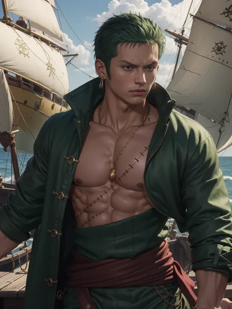 roronoa zoro, muscular, zoro  (One Piece), realistic, artwork, 8k, high quality, highly detailed skin, shirtless, detailed face, pirate ship background, battle pose, green hair, Roronoa Zoro clothes, solo, 1boy, earrings in one ear, (((melhor_qualidade))),...