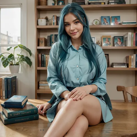 Hyper realistic Model, light makeup, blue hair, thick hair, green eyes, smiling, wearing a formal shirt and coat , natural lighting, heart shaped lips, sitting on a work table, book shelf in the background,