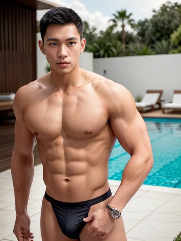 Thai manอายุ 28 ปี, Thai man, stalwart, athlete, swimming costume, Save a life, red boomerang swimming costume, brown skin, Mop the floor, Realistic skin types, Wet skin, drinking water, bottle pads, Struggle