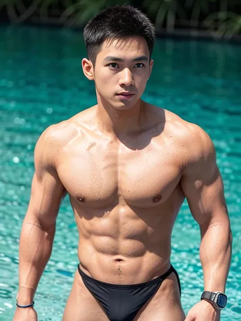 Thai manอายุ 28 ปี, Thai man, stalwart, athlete, swimming costume, Save a life, red boomerang swimming costume, brown skin, Mop the floor, Realistic skin types, Wet skin, drinking water, bottle pads, Struggle