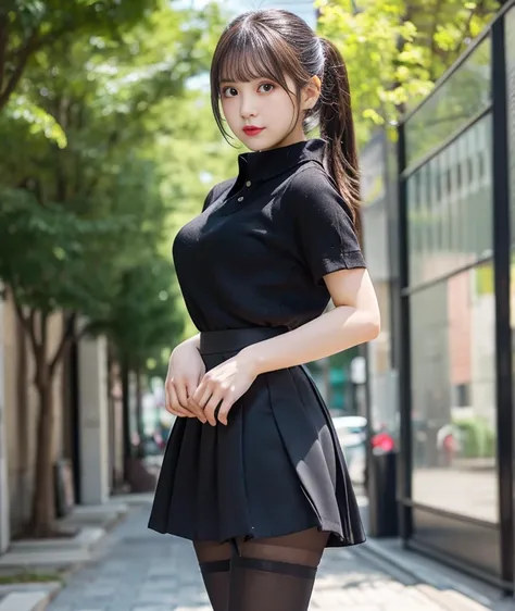 （master piece、reality、Raw photo、8k）、Cute mini skirt、Black pantyhose、detailed eyes、detailed mouth、detailed limbs、ponytail