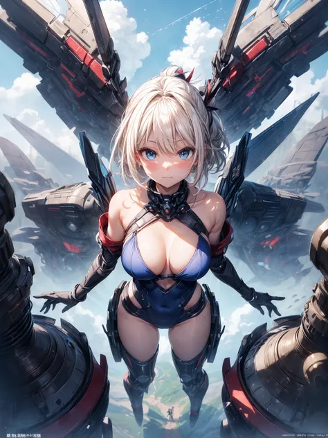 (masterpiece、highest quality, wonderful, very detailedティッカーユニティ、8k wallpaper, Depth of written boundary, Ultra-fine illustration:1.5)、。.。.3D, very detailed, (Full body Esbian、Mecha girl:1.3), sci-fi battlefield, Hawken, smile, open your mouth、short ponytai...