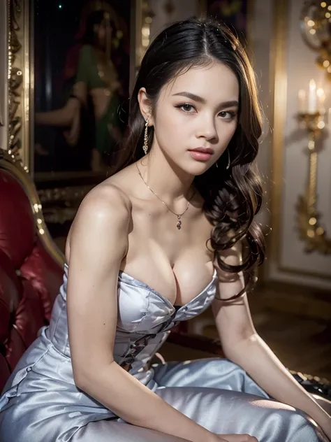 An aristocratic young woman from a fictional European medieval aristocracy  looking at us with seductive eyes, Wears ery low fabric dress，Plain big breasts. Her small, Well-proportioned breasts tilted forward，The tip  almost invisible. His face and body we...