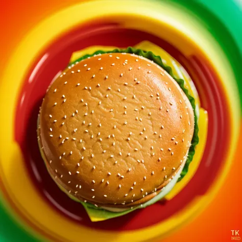 ((arte minimalista ), hamburger dividido ao meio, fundo em gradiente radial em tons amarelos, ingredientes flutuando no fundo, ((motion blur)), ((qualidade 8k)), molho vermelho pingando