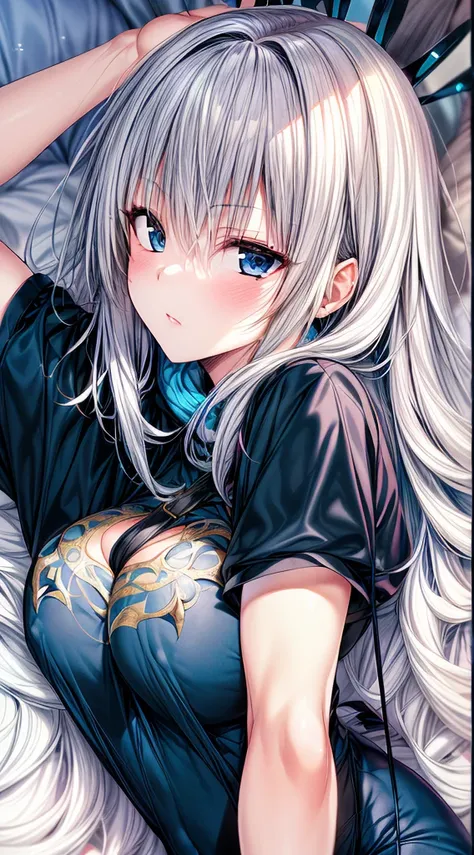 （Enrich the picture，Masterpiece level quality）Beautiful 8K CG artwork,1girl,solo,morgan le fay (fate),detailed face, perfect face, perfect eyes,blue eyes,Long Hair,Very long hair, big boob, grey hair,Slim and soft,big breasts,