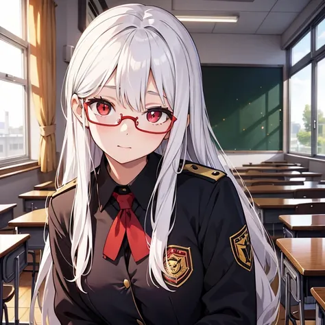 16-year-old girl，student uniform，long white hair，red pupils，golden-framed glasses，classroom