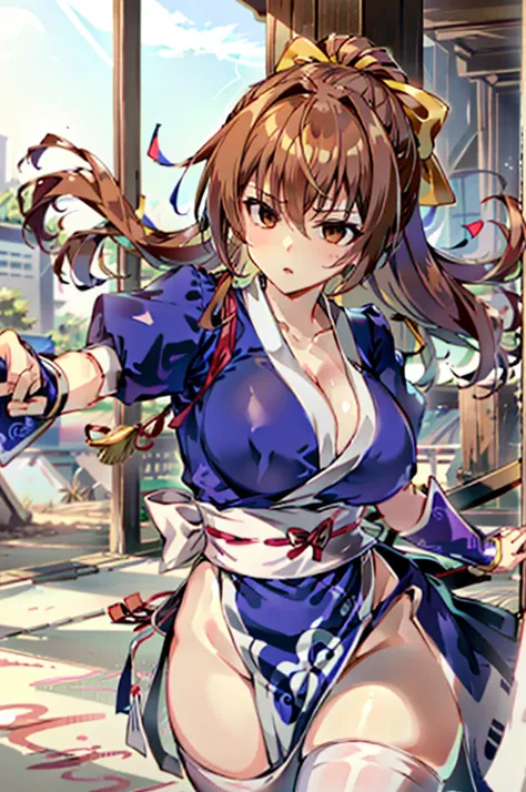 (masutepiece, Best Quality:1.3)
Kasumi, 1girl in, Solo, Long hair, breasts, Looking at Viewer, Bangs, Large breasts, Brown hair, thighs thighs thighs thighs, Dress, bow ribbon, cleavage, Brown eyes, medium breasts, Underwear, 直立, Panties, hair bow ribbon, ...