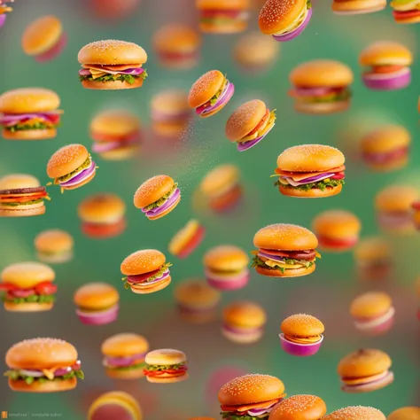 ((arte minimalista ), hamburger dividido ao meio, fundo em gradiente radial em tons amarelos, ingredientes flutuando no fundo, ((motion blur)), ((qualidade 8k)), molho vermelho pingando