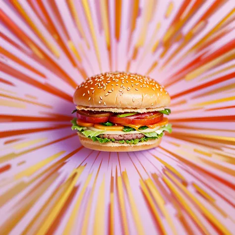 ((arte minimalista ), hamburger dividido ao meio, fundo em gradiente radial em tons amarelos, ingredientes flutuando no fundo, ((motion blur)), ((qualidade 8k)), molho vermelho pingando