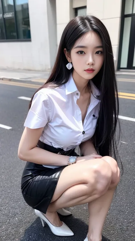 ผู้หญิงญี่ปุ่นที่charming, charming, charmingน่าหลงใหล, ((ผมblack, long hairมาก, straight hair, long hair, The wind is blowing)), ((Beautiful Woman, The texture is realistic., elegant, big girl, dynamic gesture)), ((เสื้อเชิ้ตแขนshortสีขาว เสื้อบางและมองเห...