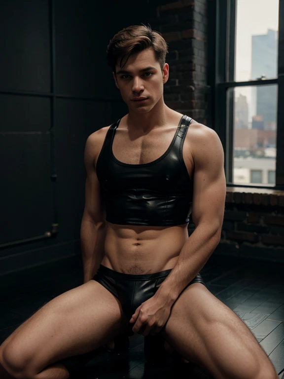 Henry wearing black leather jockstraps and a pick tight croptop sitting on black floor  in NYC