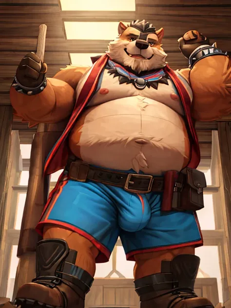 Sentado na beirada da cama, Hes in a room, A detailed illustration only plump Chubby fat belly large morbid Plump elderly old bearded gray-haired age 65, furry wolf huge, morbidly plump, extremely thick thighs wearing only red swim trunks, He wears a banda...