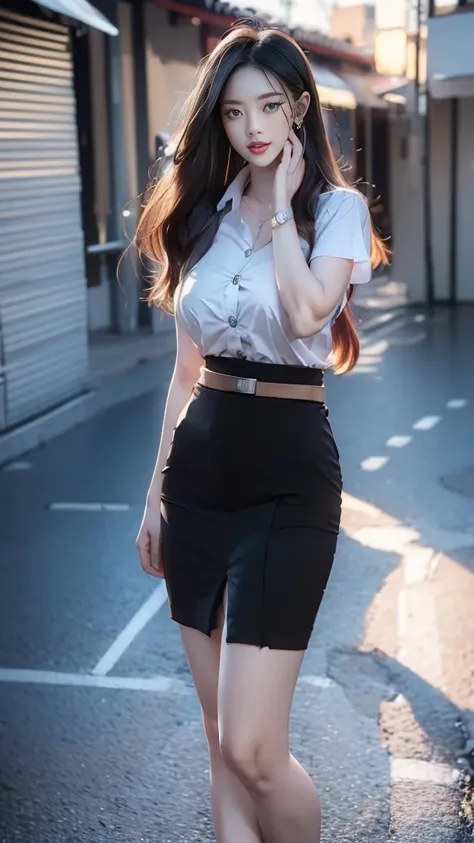 ผู้หญิงไทยที่charming, charming, charmingน่าหลงใหล, Beautiful makeup, Bright red lips, ผมblack, long hairมาก, straight hair, long hair, The wind is blowing, Beautiful Woman, The texture is realistic., elegant, big girl, dynamic gesture, เสื้อเชิ้ตแขนshortส...