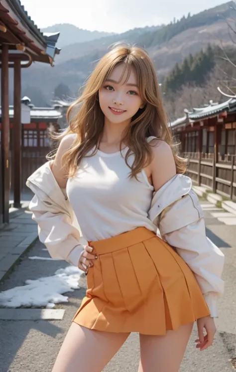 highest quality、masterpiece、ultra high resolution、Photoreal、RAW photo、1 girl、sexy look、hair over shoulders、The lower half is curled and sauvage、cute smile like a model、frontage、Hair color is blonde、Orange tight mini skirt、Ordinary high heels、eyes are doubl...