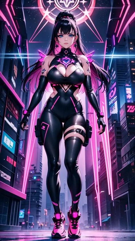 A Full Body Shot Of An Anime Manga Gypsy Woman, Dark Hair, Star Tattoos On Her Body, Heart Hands, Holding A Really Big Military Rocket Cannon On Her Shoulder. She Is Wearing Cyberpunk Summer Clothing And Futuristic Sneakers, Beautiful Rainbow Glowing Radia...