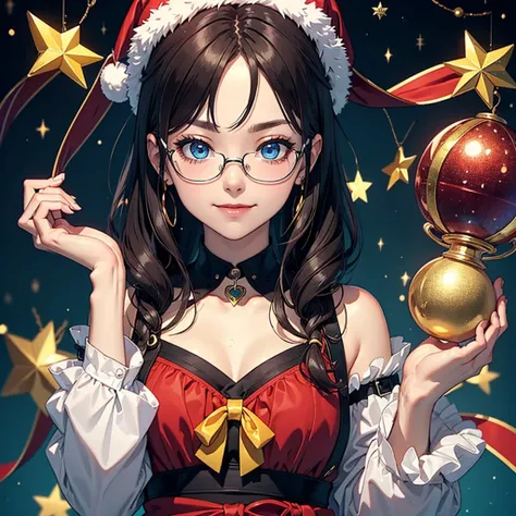  Portrait picture, 1 person, alone, anime woman, blue eyes, brown hair, clear forehead, smiling, black glasses, with Christmas cap. White background. Cute. holding a golden bell