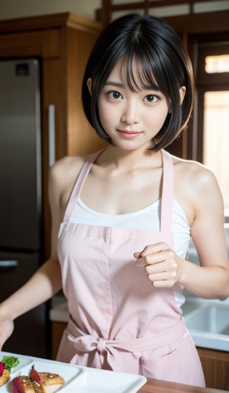 close, masterpiece, highest quality, Take photos from the ingredients being cooked、taken from below、 RAW photo, Photoreal、incredibly ridiculous,faint smile、 beautiful girl, Naked pink apron、In the middle of the meal、tasting、short bob hairstyle、Medium size ...