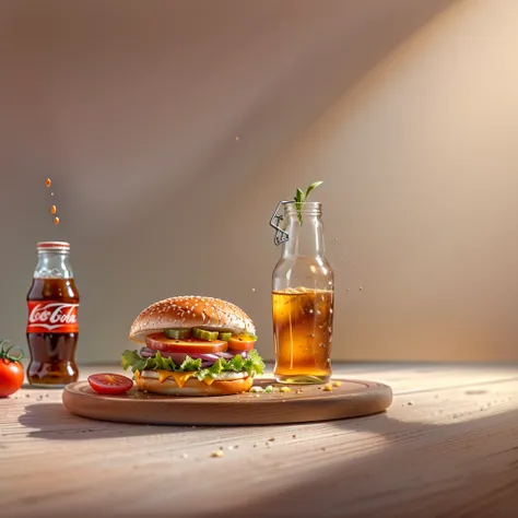 hamburger next to glass bottle of soda with coca cola label, fundo em gradiente radial em tons amarelos, ingredientes flutuando no fundo, ((motion blur)), ((qualidade 8k)), molho vermelho pingando, ((rodelas de tomate)), tomate enfeitando a arte