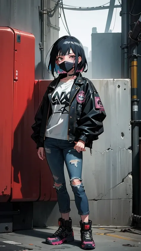 araffe wearing a mask and a denim jacket taking a selfie, cropped shirt with jacket, 90s style, grunge aesthetic!!!, grunge aesthetic, cyberpunk style outfit, 9 0 s vibe, wearing a dark shirt and jeans, wearing cyberpunk streetwear, cute casual streetwear,...