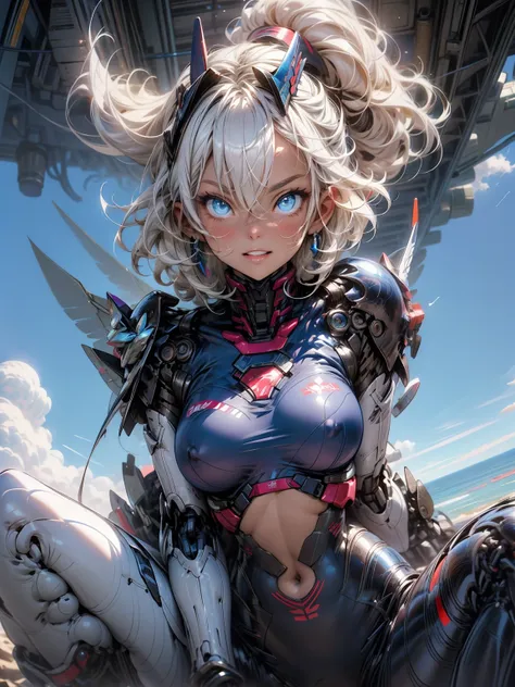 (masterpiece, highest quality, wonderful, very detailedティッカーユニティ、8k wallpaper, Depth of written boundary, Ultra-thin illustration:1.5)、3D, very detailed, (whole body、Mecha girl:1.3), sci-fi battlefield, Hawken, smile, open your mouth, short ponytail hair, ...