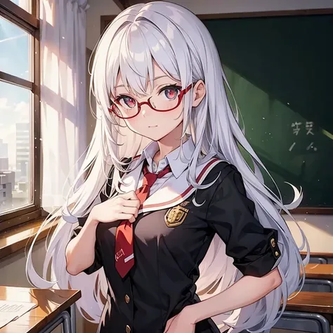 16-year-old girl，student uniform，long white hair，red pupils，golden-framed glasses，classroom