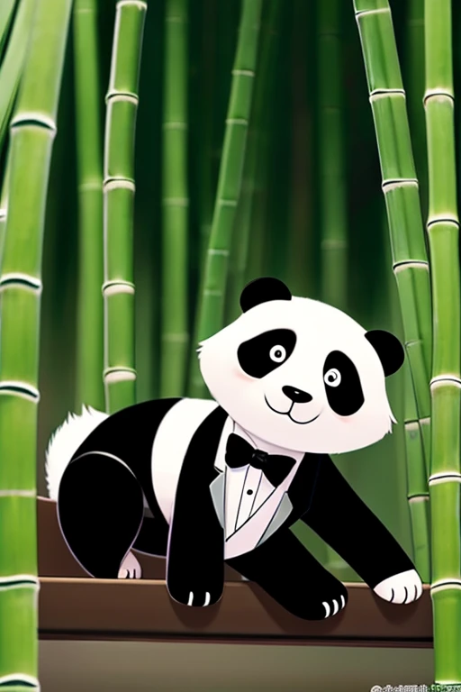 panda、tuxedo、Muscle、anime style、bamboo grass、