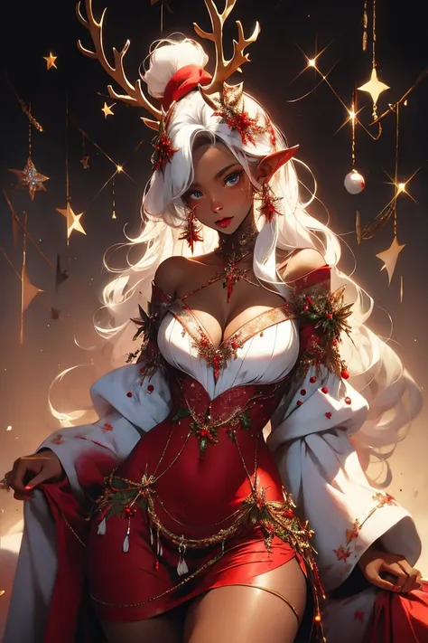 masterpiece, wrenchsjoyfuljingle, gown, reindeer antlers, red dress, light smile, detached sleeves, white hair, high ponytail, long hair, dark skin, dark-skinned female, luscious thighs, blue eyes, pointy ears, jewelry,