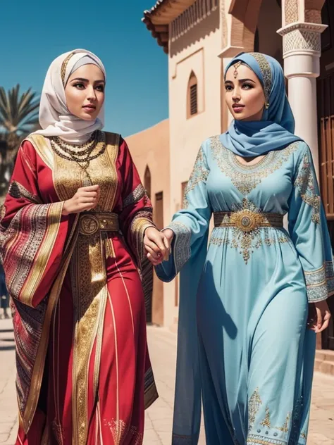 The husband and wife wear traditional Moroccan clothing, their facial features are Moroccan, where the husband shines in a djellaba, while the wife wears an akhdhu caftan decorated with exquisite embroidery and decorates her head with a traditional hijab.....