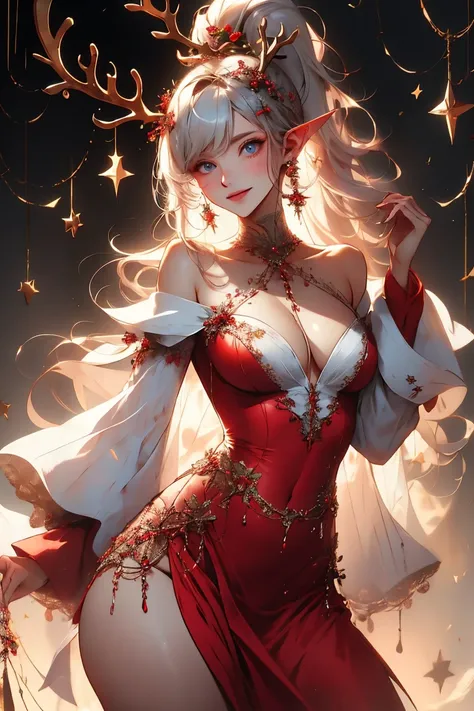 masterpiece, wrenchsjoyfuljingle, gown, reindeer antlers, red dress, light smile, detached sleeves, white hair, high ponytail, long hair, elf, luscious thighs, blue eyes, pointy ears, jewelry,