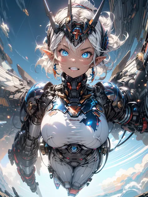 (masterpiece, highest quality, wonderful, very detailedティッカーユニティ、8k wallpaper, Depth of bounds written, Super thin illustration:1.5)、3D, very detailed, (whole body、Mecha elf girl:1.3), sci-fi battlefield, Hawken, smile, open your mouth, short ponytail hair...