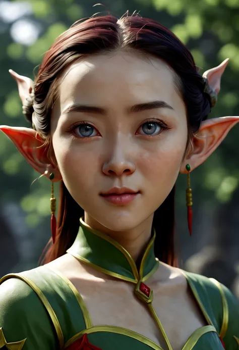 female Elf, Pointy ears, charming eyes, outdoors, octane render, (best quality, masterpiece, Representative work, official art, Professional, 8k), (by Qi Baishi and Chen Longque and Chen Dingbo:1.2)