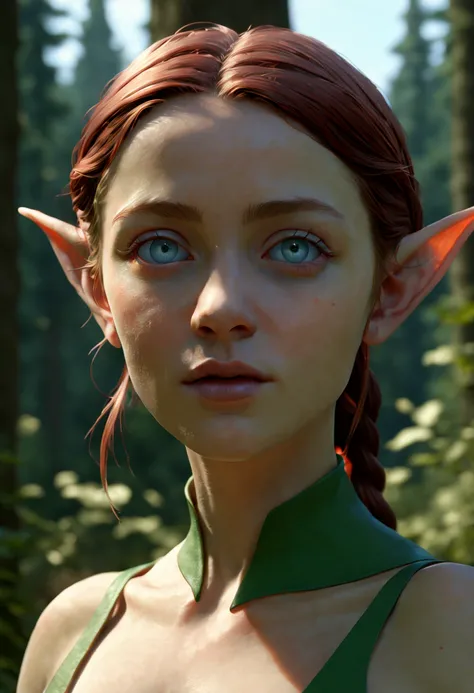 female Elf, Pointy ears, charming eyes, outdoors, octane render, (best quality, masterpiece, Representative work, official art, Professional, 8k), (by James Jean:1.2)