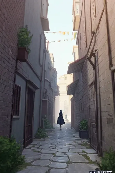 There  a toilet in the narrow alley，There  a sign on the wall, inside a castle courtyard, screenshot from the anime film, black clover screenshot, attack on titan scenery, ancient city streets behind her, Carl Spitzweger. Unreal Engine, in animated movies,...