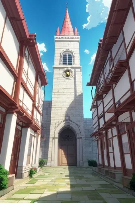 Animation picture of a large building with a bell tower in the middle, Madhouse studio anime style, Madhouse anime style, milky white palace, palace background, in their noble mansions, (Yuki), Japanese high school, anime scene, magnificent masterpiece, Sc...