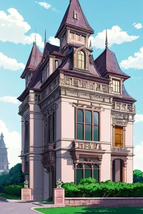 Painting of a large house with bell tower and fence, Madhouse studio anime style, Madhouse anime style, huge mansion, The headquarters  very detailed, Screenshot of the 2012 animation, Gothic mansion, 1 8th century manor house, anime scene, Vaporwave Build...