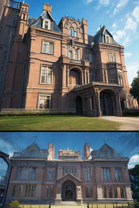 (best quality,4k,8k,highres,masterpiece:1.2),ultra-detailed,(realistic,photorealistic,photo-realistic:1.37), architecture, clock tower, fence, grand mansion, detailed headquarters, anime style, insane asylum anime style, enormous mansion, 2012 anime screen...