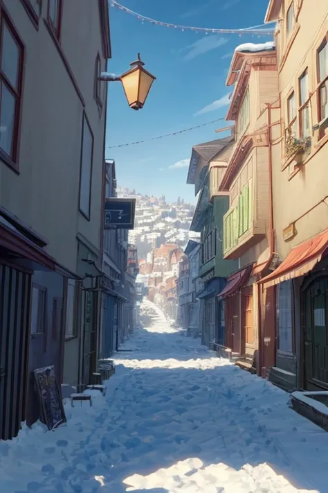 green door green door snow alley scene, screenshot from the anime film, Bustling magic town, town in background, small town background, anime background艺术, downtown background, beautiful anime scene, Anime Landscape Concept Art, anime background, TV animat...