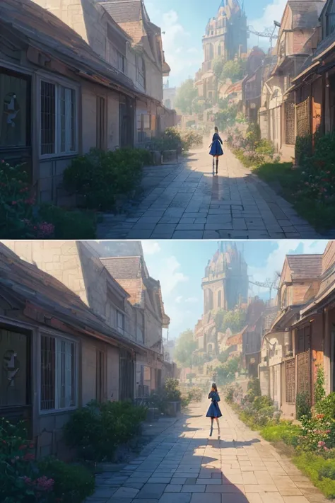 (a girl in a garden,illustration,green door,green alley,cartoon-like scenery,animated movie screenshot,bustling magical town,town in the background,town as a backdrop,anime background art,city center backdrop,beautiful anime scenery,anime landscape concept...