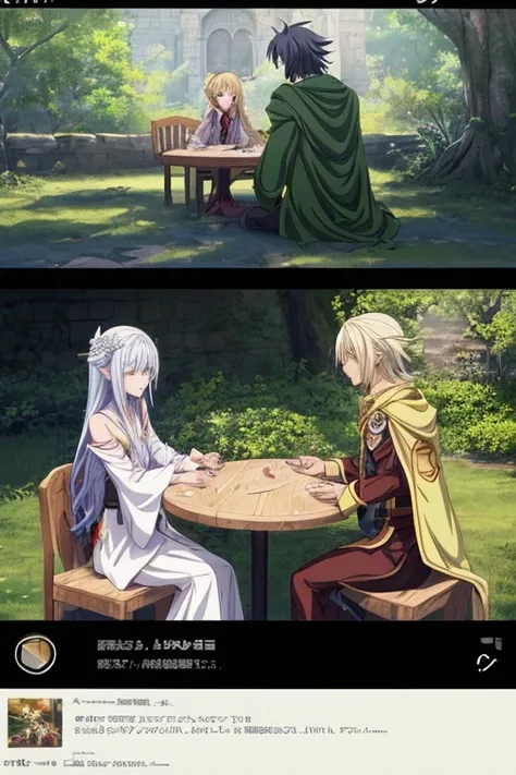 (a scene with a table in the yard, two people sitting next to it, small leaves, small leaves in anime style, a  scenario, a battle in the magical world, the art style of Rune Factory 5, characters in robes sitting around a table, a screenshot from a video ...