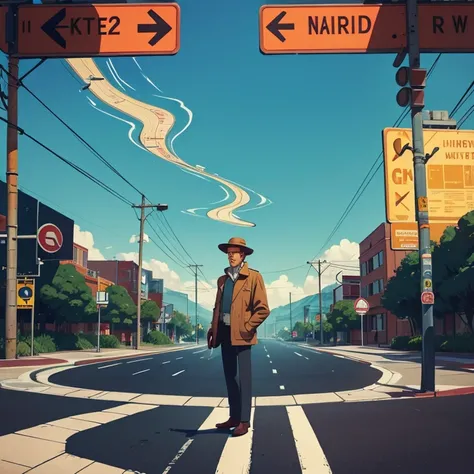 a man stands at a road intersection and examines a map. illustration for a book in the style of the 70s