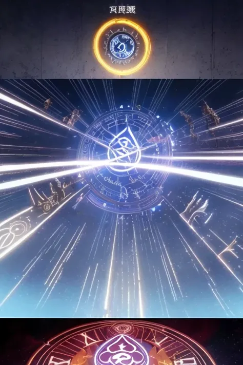 there  a blue circle there，There  a clock on it, Summon the Dharma Array, Holographic runes, magical girl anime magical girl, grand order of destiny, luminous scene, screenshot from the anime film, Ethereal animation, Screenshot of the 2012 animation, Anim...