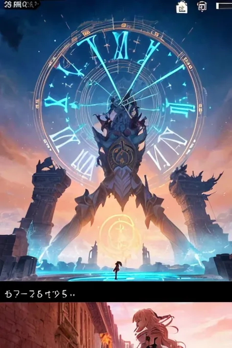 The prompt for the given theme could be:

"A blue circle with a clock on top, summoning circles, holographic runes, a magical girl, anime, magical girl, the grand order of destiny, glowing scenery, a screenshot from an animated movie, ethereal anime, a scr...