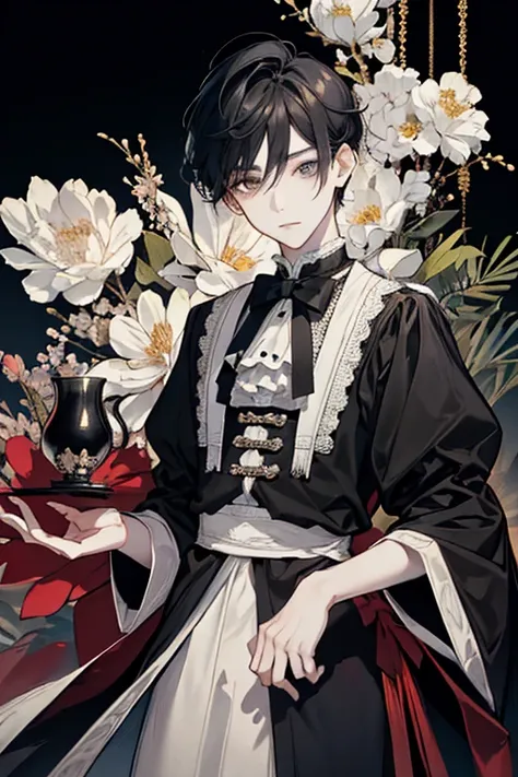 servant,beautiful boy,a little younger、victorian style,In a style that leans towards MANNGA,Black tone