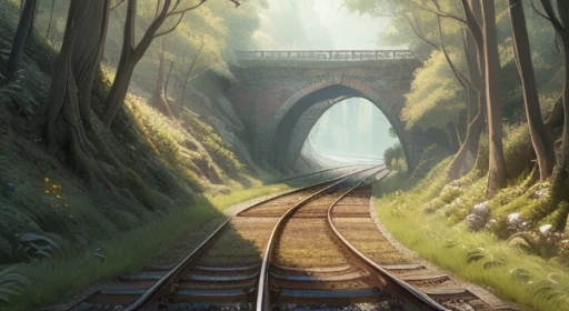 Cartoon train passing through body of water on tracks, 图像由Xin Haicheng提供, pixiv, concept art, Lofi Art style, reflection. Enhance details, perfect picture quality. author：Xin Haicheng, Lofi Art, beautiful anime scene, anime scenery, Detailed Landscape—Widt...